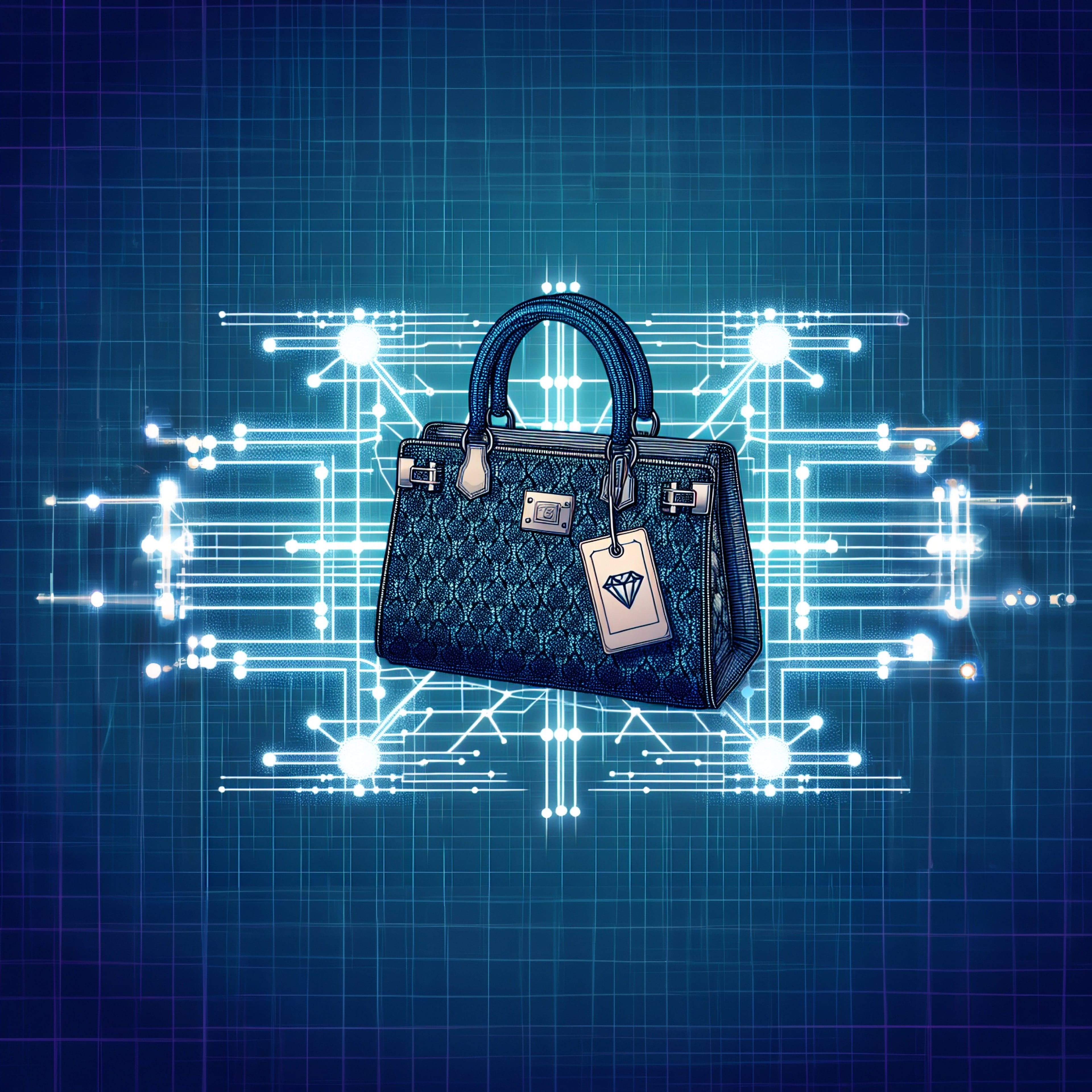 Counterfeit,Luxury,Handbag,With,A,Blockchain,Network,In,The,Background