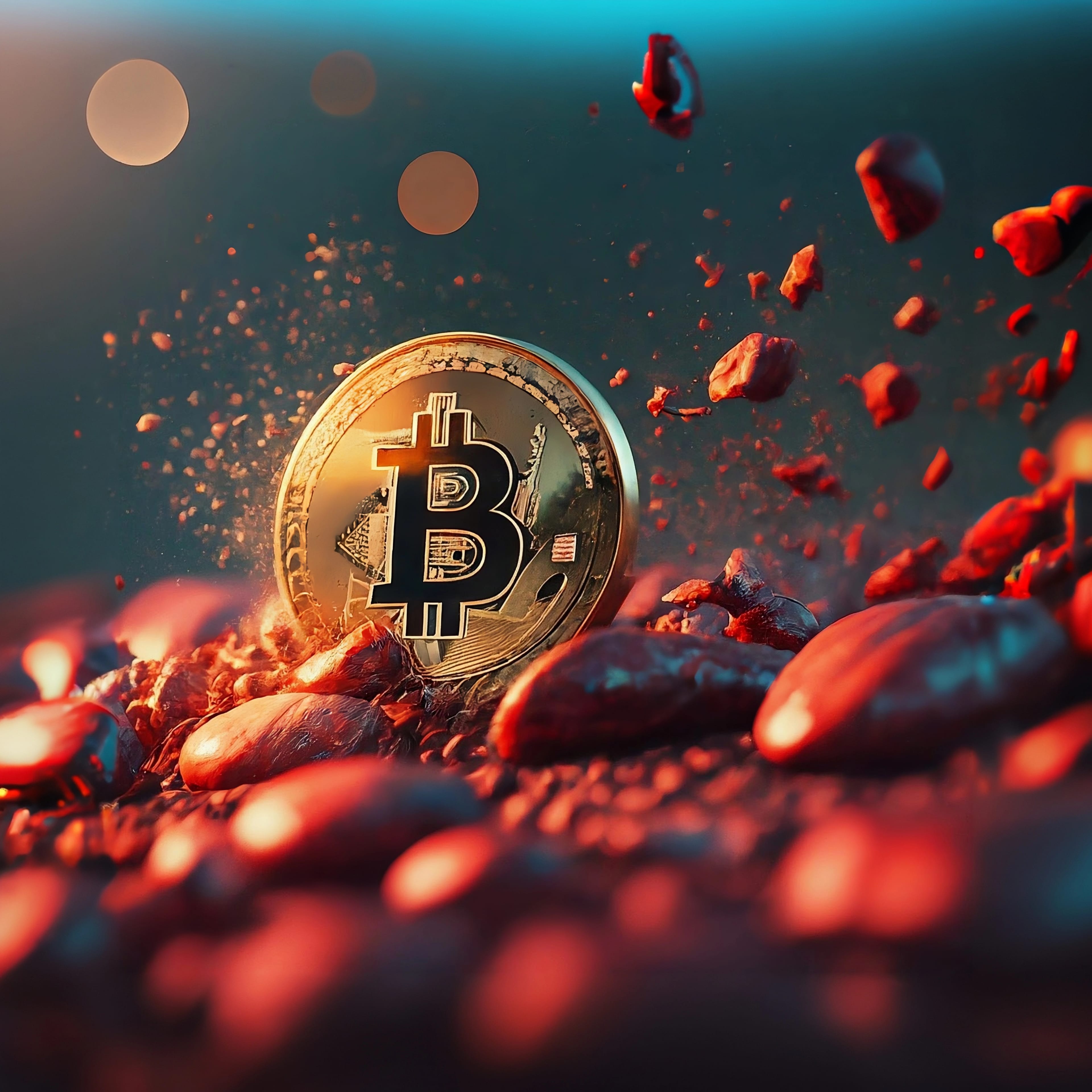 Bokeh,Photo,Of,Bitcoin,Crashing,Against,Red,Stones