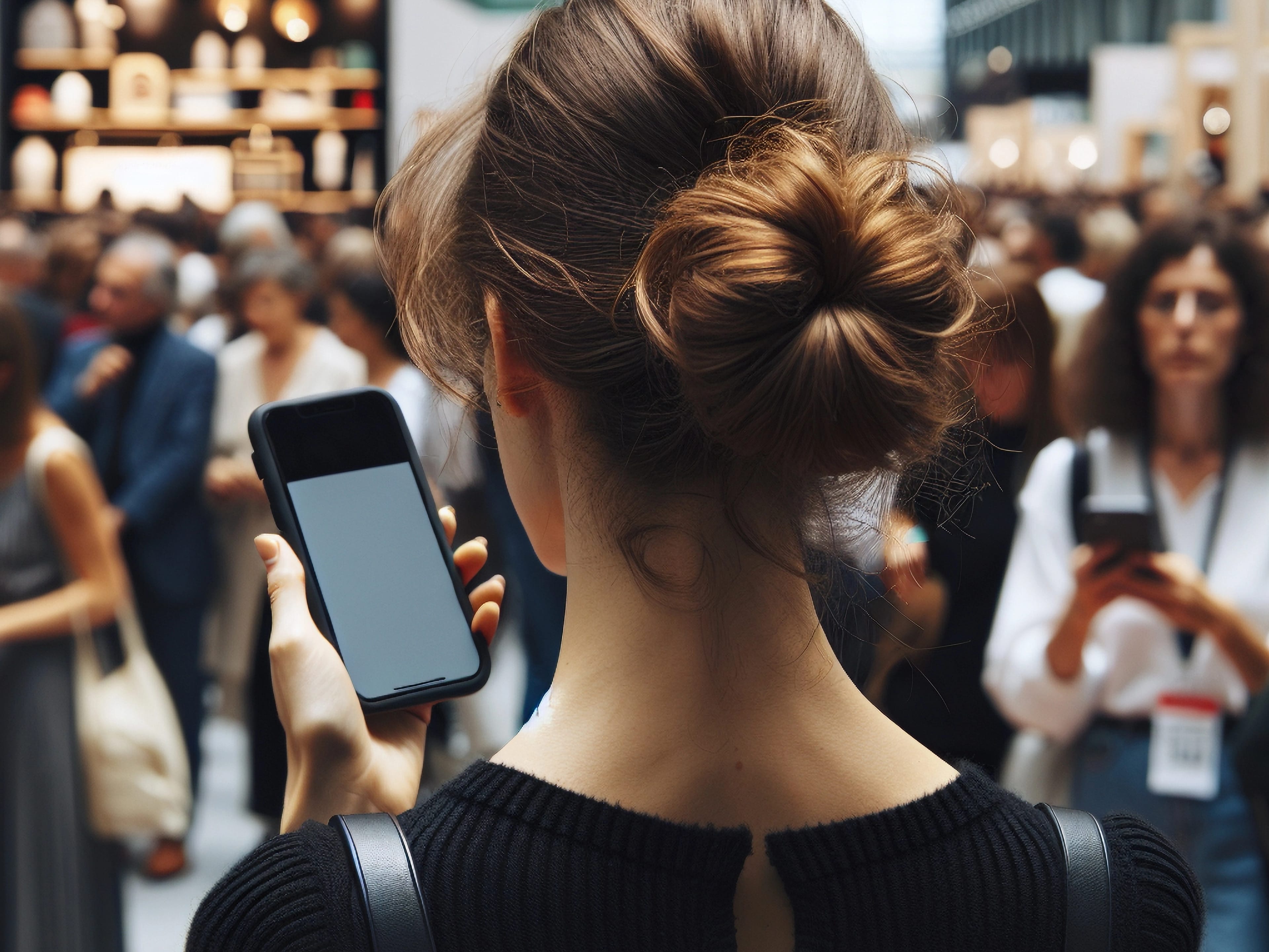 Back,Of,Woman's,Head,Using,Phone,In,Crowd