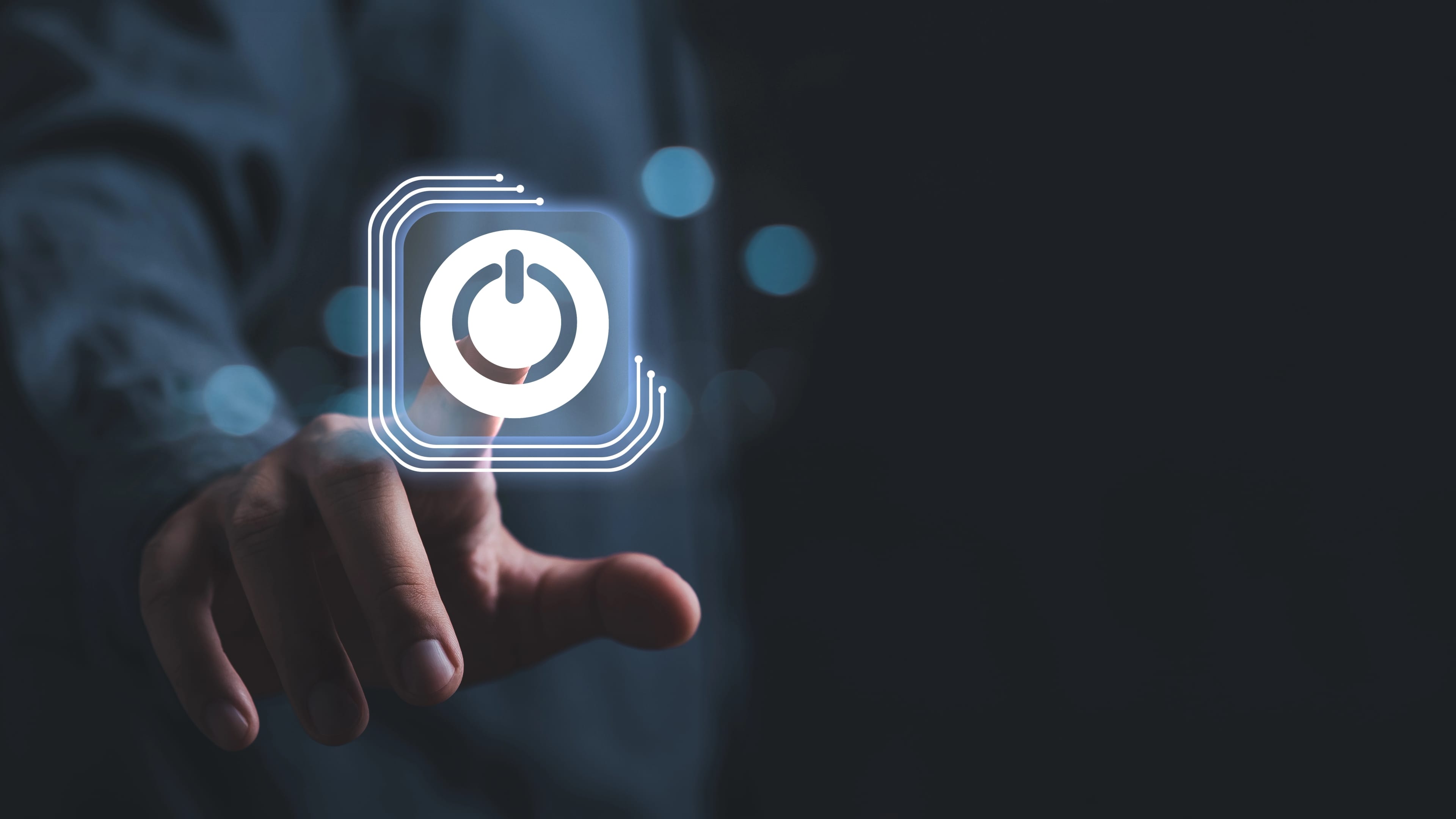 Businessman,Pressing,Power,Button,Concept.,Digital,Technology,Touch,Screen.,Hardware