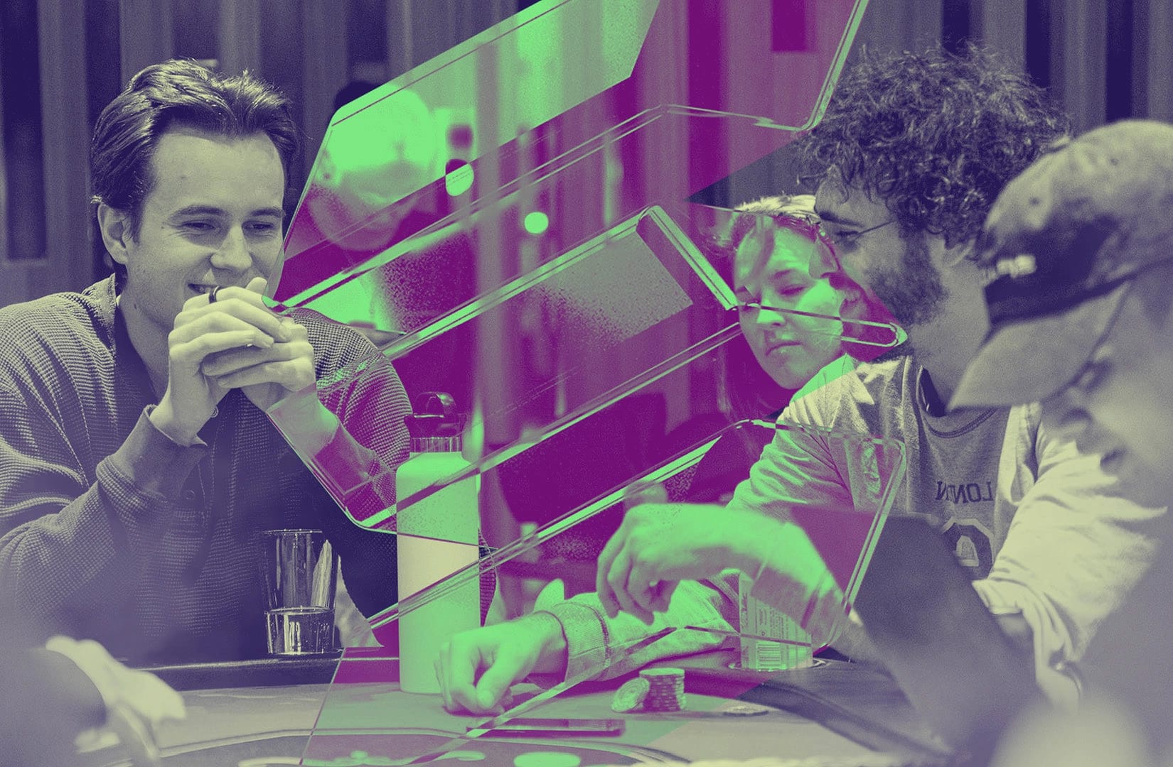 Portrait of Solana developers working at a popular hacker house, with a superimposed Solana logo.