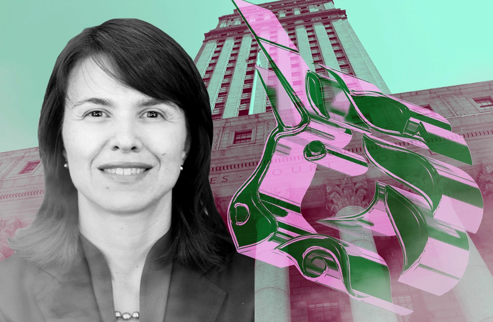 Portrait of judge Katherine Polk Failla over a background of the Southern District courthouse in Manhattan, and Uniswap's superimposed logo.