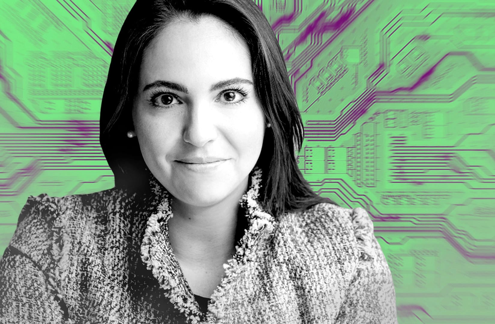 Portrait of Amanda Tuminelli over a blurred circuit board background.