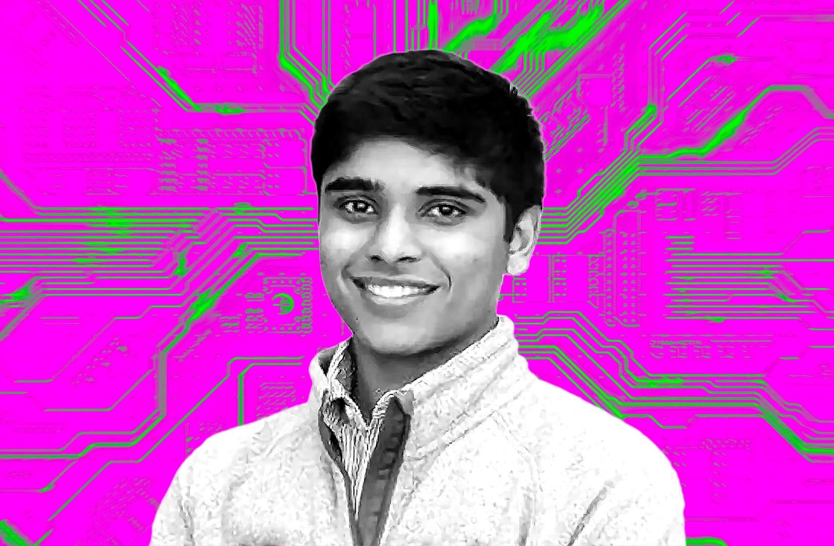 Portrait of Nishad Singh over a background of a blurred circuit board.