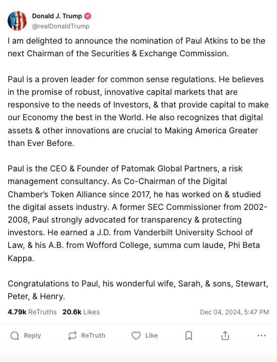 Trump announced his nomination of Atkins on Truth Social.