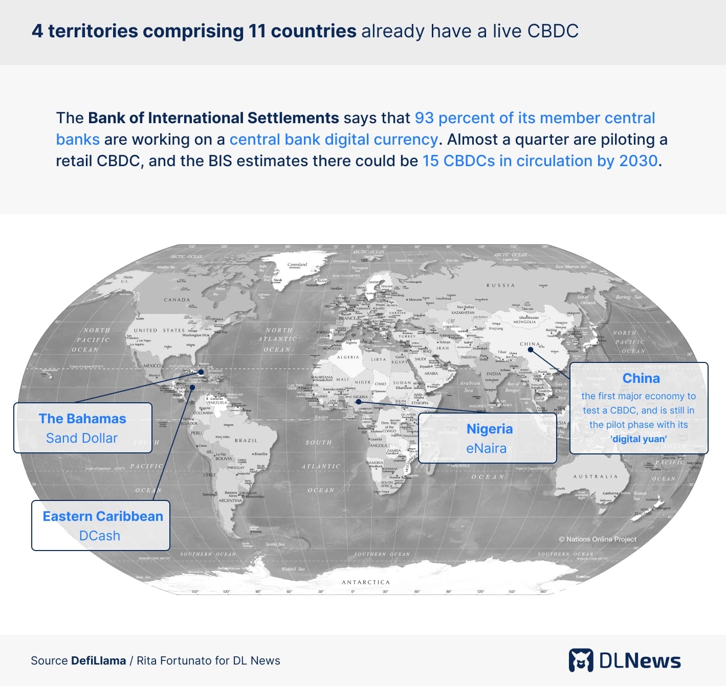 Graph of a world map representing the Four territories comprising 11 countries already have a live CBDC