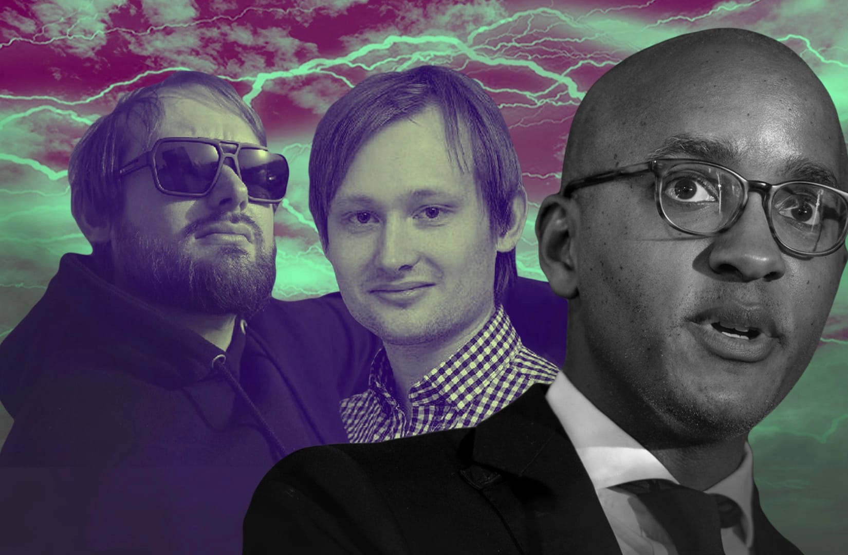 Portrait of Tornado Cash founders Roman Storm and Roman Semenov, and Damiam Williams, US Attorney. Over a background of a sky with lightning bolt.