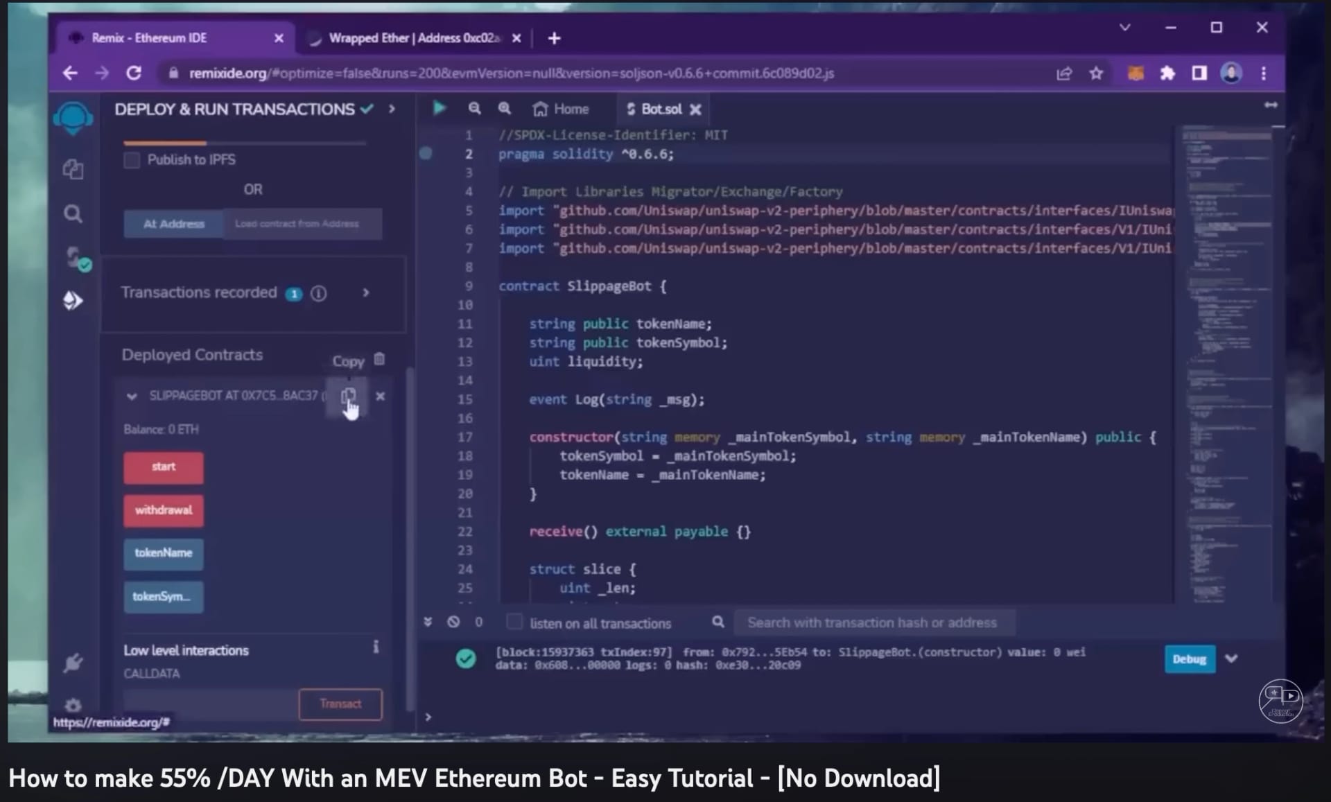 A screenshot of an MEV bot scam, of which there are many on YouTube.